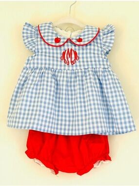 Cecil and Lou Blue Gingham Top with Red Bloomers - Monogram Detail